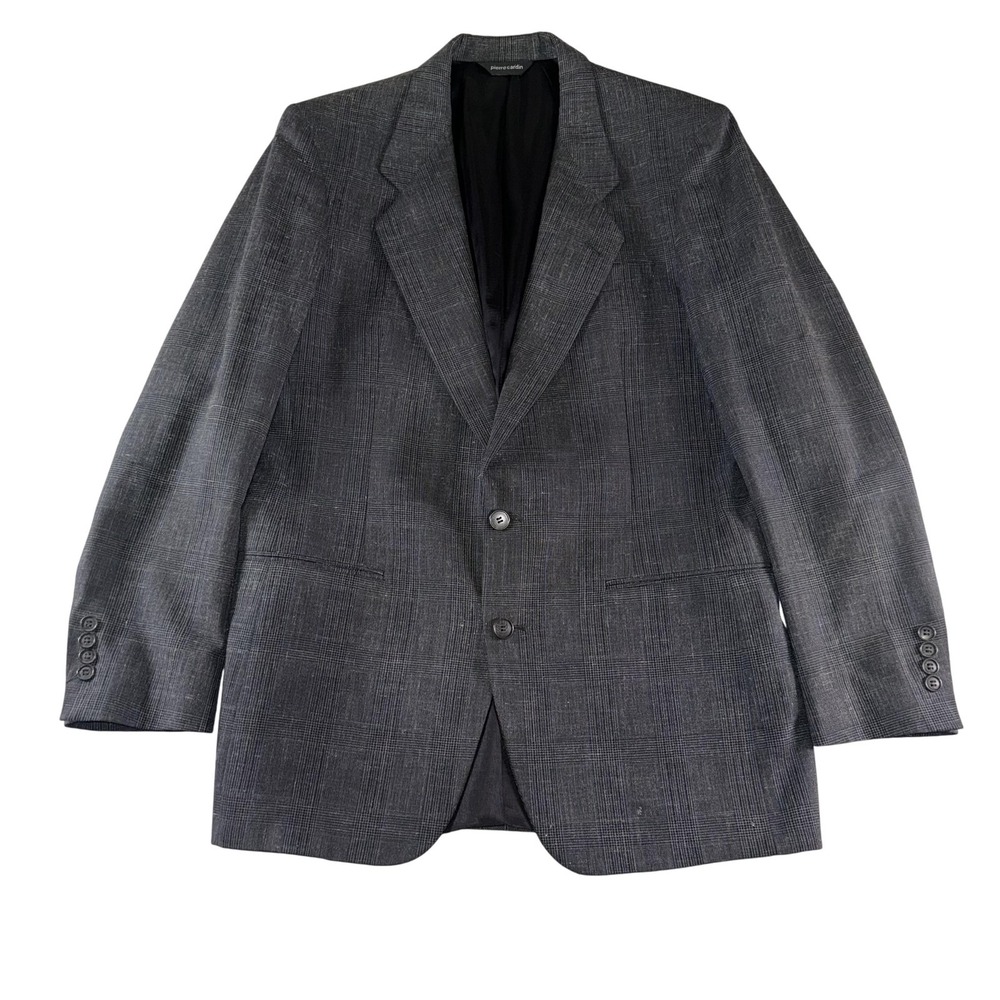 Pierre Cardin Blazer Mens 44 Gray Check Plaid Two Button Sport Coat Jacket